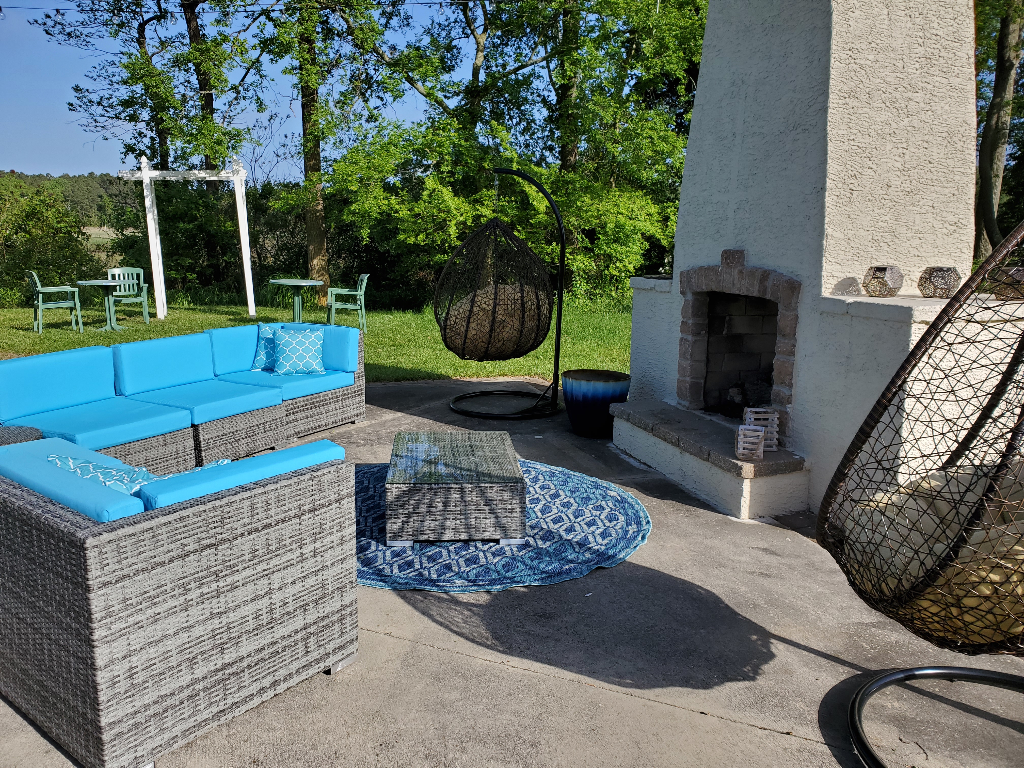 Outdoor fireplace and seating area